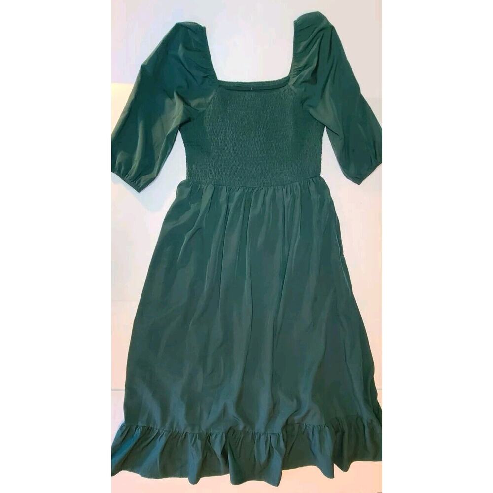 Milkmaid Peasant Smocked Ruffle Emerald Green Midi Dress Size 12 LG Cottagecore